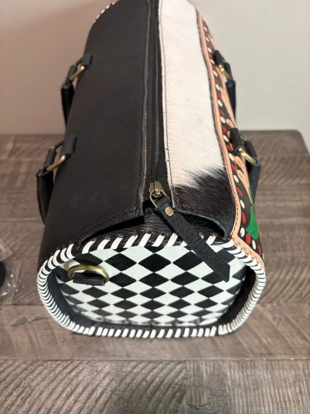 Hand Painted Tooled Leather Large Satchel Barrel Bag Cowhide Leather